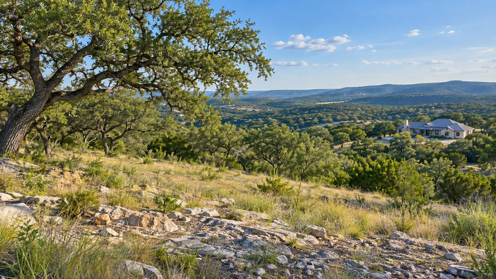 Illustrative Hill Country landscape with oak trees